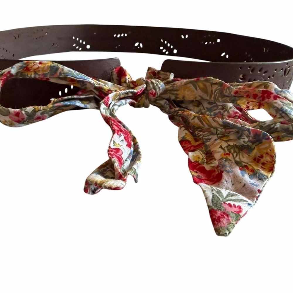 cottagecore brown floral eyelet leather ribbon tie belt l/xl - Picture 4 of 8